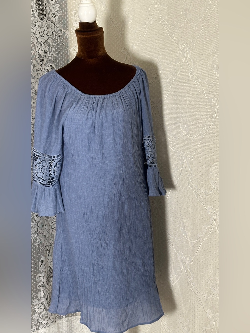Light Blue Off-Shoulder Midi Dress with Crochet Sleeve Detail